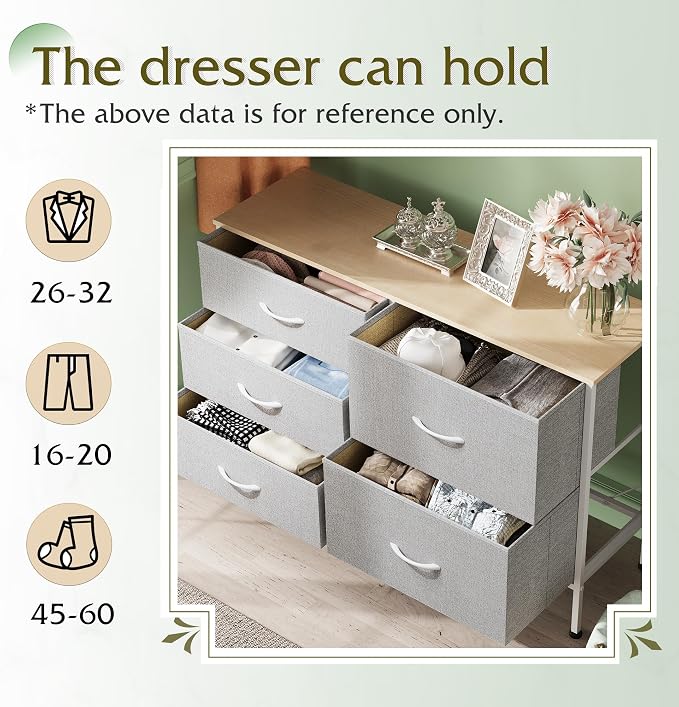 WLIVE 5 Drawer Fabric Dresser for Bedroom, Wide Storage Chest, Light Grey | 5-drawer wide fabric dresser with steel frame, multipurpose bedroom living room hallway dorm closet storage organizer