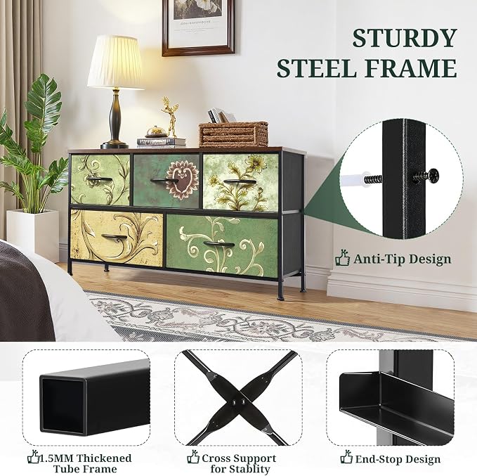 5-Drawer Dresser for Bedroom, Anti-Tip Wide Storage Organizer Fabric | Chest of Drawers TV Stand for 45" TV with Wooden Top Metal Frame for Closet, Living Room, Hallway, Entryway, Floral Painted