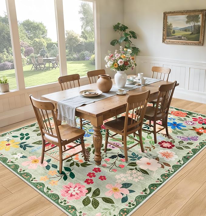 PLHXFR Area Rug Living Room: 5x7 Floral Washable Boho Soft Carpet Green | For Bedroom Dining Room Farmhouse Nursery Hallway,Vintage Floral,Machine washable,Non Slip,Stain Resistant,Large Indoor