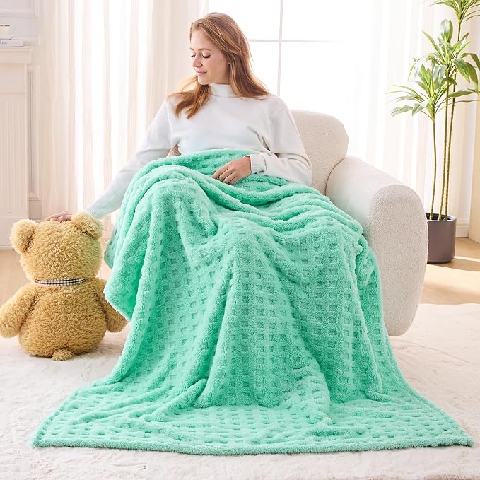 NEWCOSPLAY 3D Waffle Checkered Flannel Twin Blanket, Aqua, 60"x80" | Super Soft Cute Lightweight Decorative Premium Silky Fleece Blanket for Couch Sofa Bed, Gift for Women Men, All Season Use