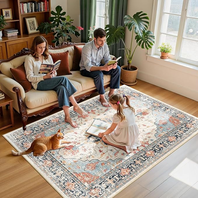RELEANY Washable Area Rug, 5'x7', Beige/Blue/Orange | Non-Slip, Water Repellent, Pet Friendly, Easy to Clean, Vintage Floral Boho Decor for Living Room Bedroom Dining Room Office