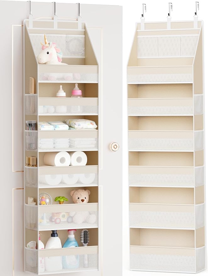 Over the Door Organizer, 6-Shelf Closet Hanging Storage with 13 Mesh Pockets, 55lbs Capacity Behind the Door Storage for Baby Nursery, Bathroom, Bedroom, and Dorm, Beige
