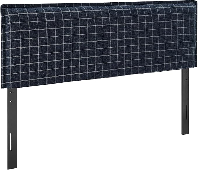 Modway Camille King Size Checkered Linen Blend Plaid Headboard with Removable Slipcover – in Denim Windowpane Check - Padded Pillow Style Headboard with Adjustable Mounting for King Beds