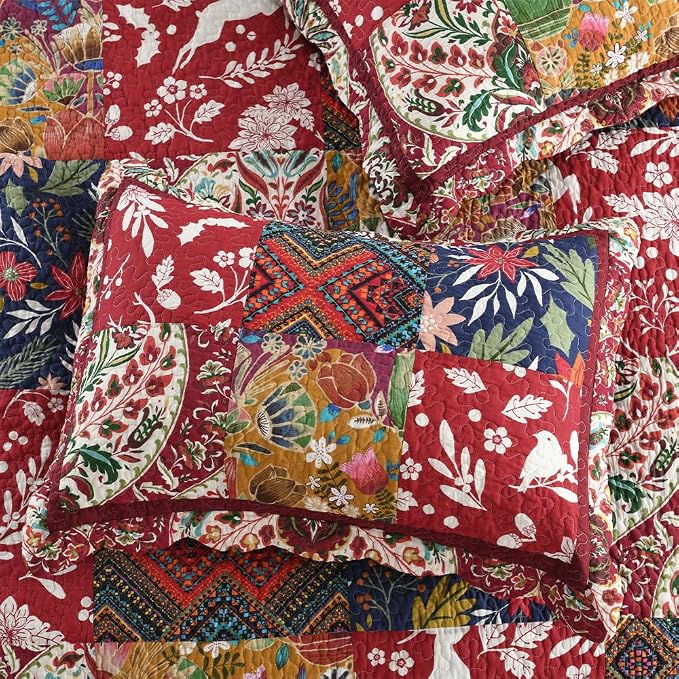 ENASAL Cotton Bedspread Quilt Sets Reversible Bedding Coverlet Sets Comforters Vintage Luxury Damask Floral Real Patchwork Burgundy Bedspread,King Size