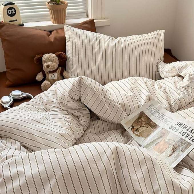 mixinni Vintage Striped Duvet Cover Set Queen Size, 3 Piece Premium Washed Microfiber Minimalist Beige Brown Stripes Bedding, Neutral Comforter Cover with Hidden Zipper & Corner Ties for Men Women