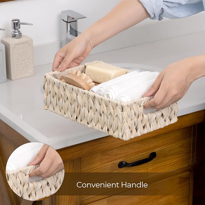 GRANNY SAYS Wicker Baskets for Organizing, Shallow Storage Bins, 2-Pack | Waterproof Wicker Baskets with Handles, Wicker Storage Baskets for Shelves, Woven Baskets for Storage,Living Room,Butter Milk