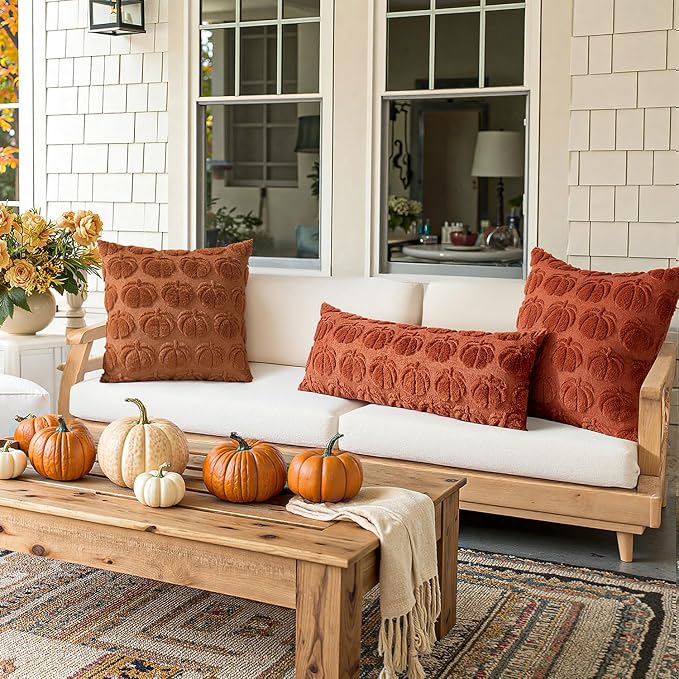 MIULEE Fall Pillow Covers Pumpkin Fall Decor 18x18 Rust | Set of 2 Fall Decorations for Home, Plush Faux Fur Farmhouse Accent Pillowcases, Porch Sofa Couch Cushion Bed Livingroom