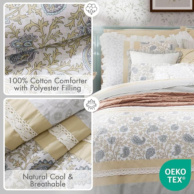 Madison Park 100% Cotton Quilt Set Floral Print, Double Sided Stitching, All Season, Lightweight Coverlet Shabby Chic Bedding Layer, Matching Shams, Full/Queen, Yellow 6 Piece | Double-Sided Stitching Floral Design, All Season, with Shams, Bed Skirt, D...