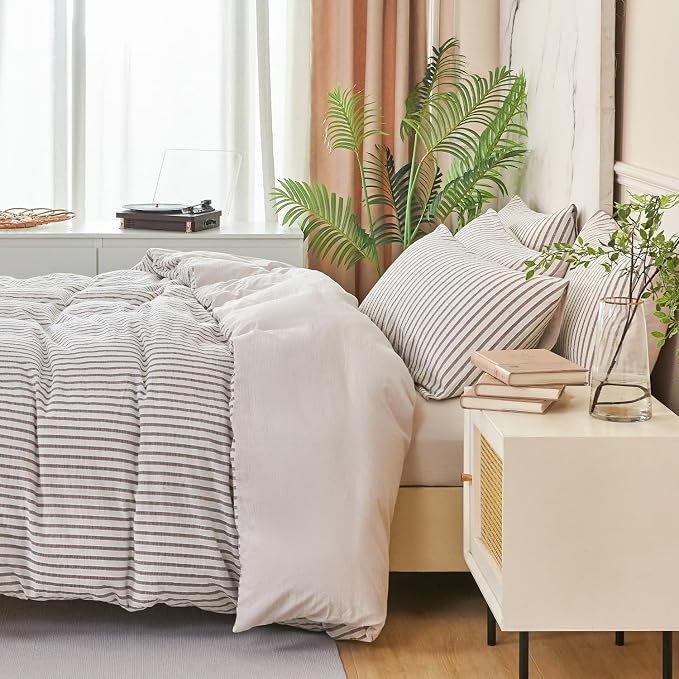 Grey Comforter Set King Soft Luxury Washed Microfiber Jacquard 3 Pieces Bedding, White Grey Vertical Ticking Stripes Pattern Comforter with 2 Pillowcases Breathable Durable Comfy