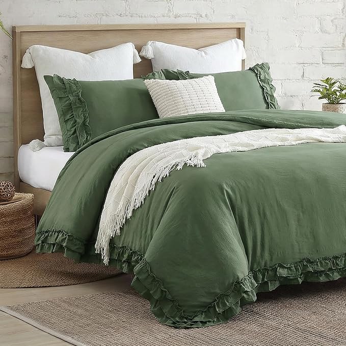 Bedorm Boho King Duvet Cover Olive Green Bedding Set Shabby Chic Lace Fringe Ruffle Bedding Super Soft Warm Farmhouse Comforter Cover 3 Pcs Sets