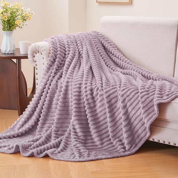BEDELITE 3D Ribbed Dusky Violet Fleece Twin Blanket for Couch, 60x80 Inch | Soft Warm Fluffy Throw Blanket for Bed Sofa College Dorm Room Decor, Luxury Cozy Plush Gifts for Women Girls, Lightweight