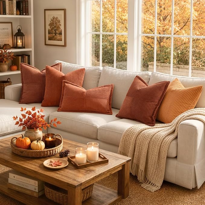 MIULEE Fall Burnt Orange Decorative Throw Pillow Covers for Couch 20x20 in | 2 Pack, Terracotta Boho Broadside Striped Patchwork Pillow Covers, Soft Corduroy Cushion Cases, For Sofa Bed Livingroom