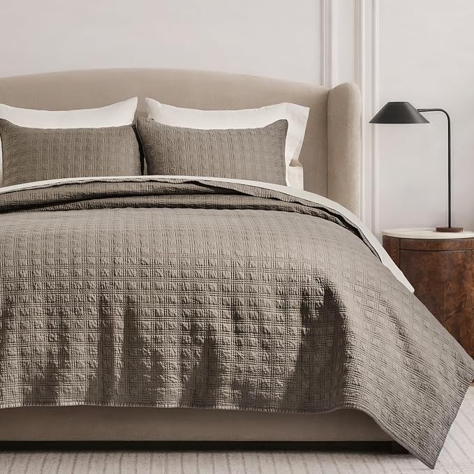 EVERGRACEHOME Cotton Sateen Windowpane Quilt Set Queen Size, Mocha Brown | 100% Cotton, Pre-Washed Soft Coverlet Bedspread, 3-Piece Lightweight Bedding Set for All Season, with 2 Pillow Shams