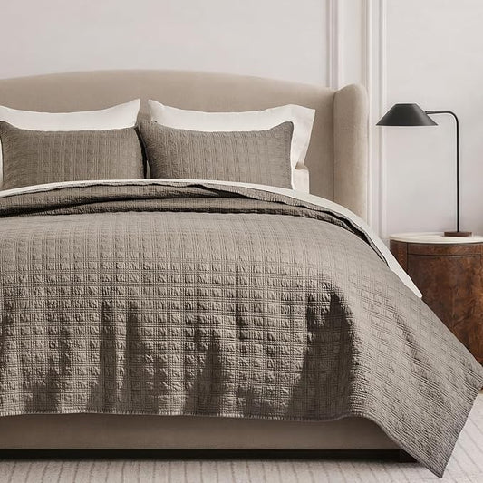 EVERGRACEHOME Cotton Sateen Windowpane Quilt Set King Size, Mocha Brown | 100% Cotton, Pre-Washed Soft Coverlet Bedspread, 3-Piece Lightweight Bedding Set for All Season, with 2 Pillow Shams