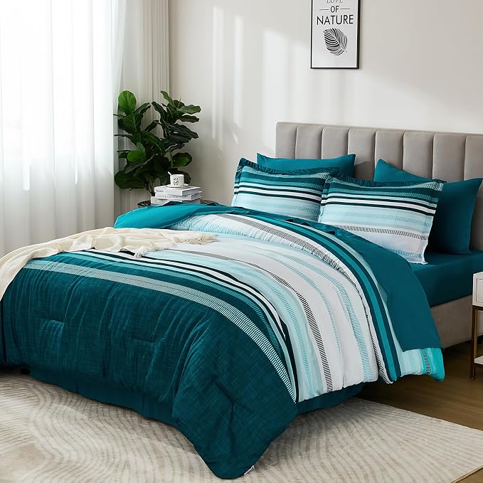 Dobuyly Teal Comforter California King Size 7 Pieces, Blue Boho Striped Bed in a Bag Set Soft Microfiber All Season Bedding Set with Comforter, Sheets, Pillowcases & Shams