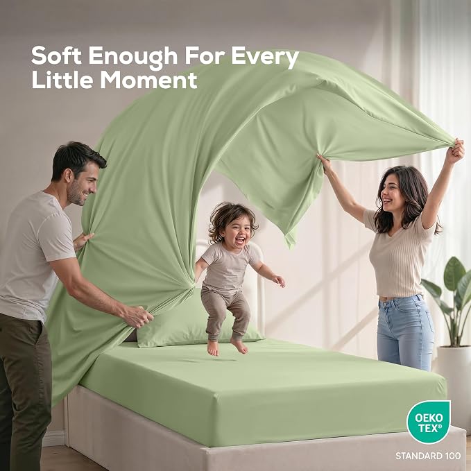 Twin XL Sheets Set, 3 Pieces 16" Deep Pocket Hotel Luxury Bed Sheets, Sage | Extra Soft Bedsheet Set, Comfy & Breathable Cooling Sheets, Wrinkle & Fade Resistant, Fitted Sheet, Flat Sheet, 1 Pillowcase