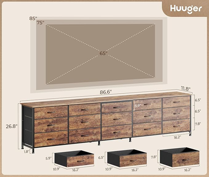 Huuger 86.6 Inch Long Dresser for Bedroom, TV Stand for 65, 75, 85 Inch TV | 15 Large Fabric Drawer Dresser, Entertainment Center for Bedroom, Wide Chest of Drawer with Storage