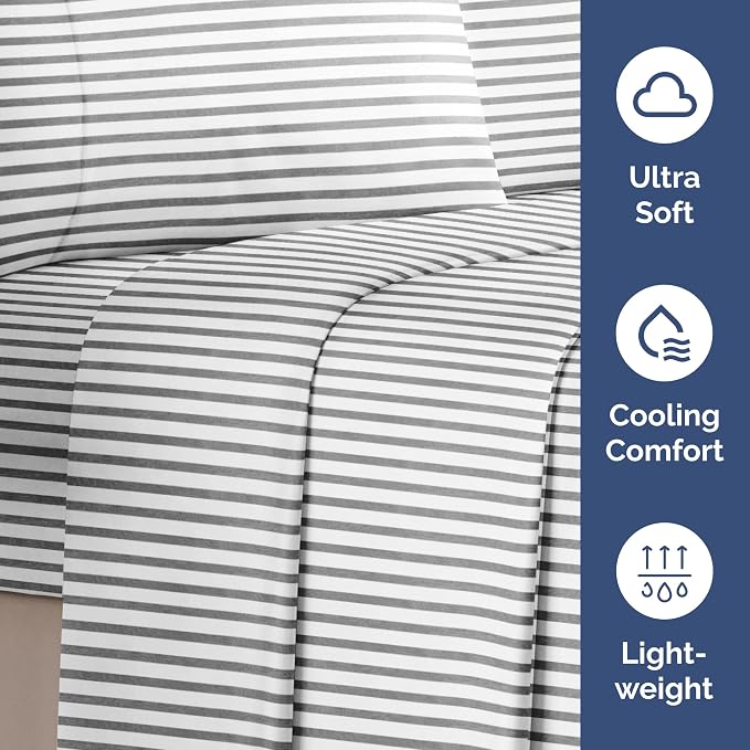 Queen Flat Sheet - Single Top Flat Sheet Only - Cooling - Grey Stripes | Hotel Luxury Top Flat Sheet Only, Ultra-Soft, Breathable & Cooling, Fade & Wrinkle Free, Easy-Care, Stain & Shrink Resistant