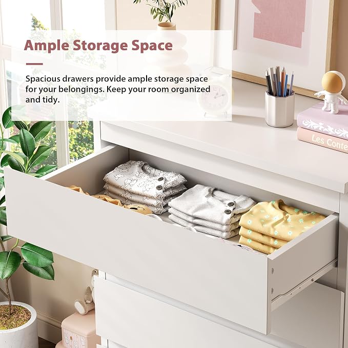 5 Drawer Dresser for Bedroom, White Dresser Chest of Drawers, Tall Dressers for Bedroom with Handleless Drawers, 15" D x 23.7" W x 40.4" H Storage Dressers for Living Room, Hallway and Entryway-White