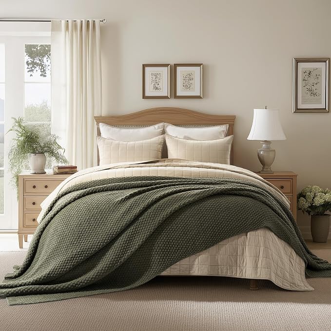 EVERGRACEHOME Chunky Chenille Knit Throw Blanket, 108x92, Olive Green | Sculpted Moss Stitch, Chic Modern Farmhouse, All-Season Warmth, OEKO-TEX® Certified, Oversized King for Couch, Bed, Sofa