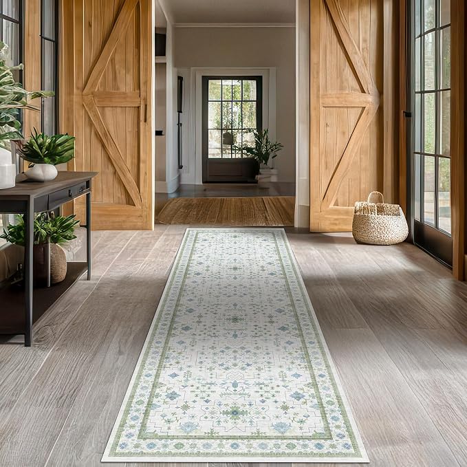 Oushak 3x10 Wide Hallway Runner Rug - Vintage Turkish Floral, Washable Low Pile Non Slip 10ft Long Runners for Kitchen, Hall Way - Light Blue and Green