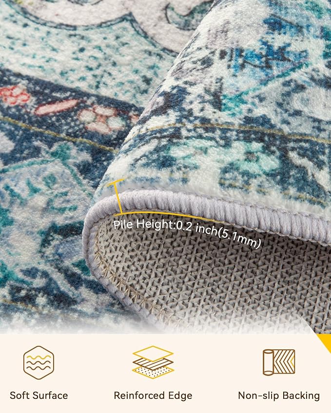 RELEANY Washable Area Rug, Round 10ft, Teal Green/White/Navy | Non-Slip, Water Repellent, Pet Friendly, Easy to Clean, Vintage Floral Boho Decor for Living Room Bedroom Dining Room