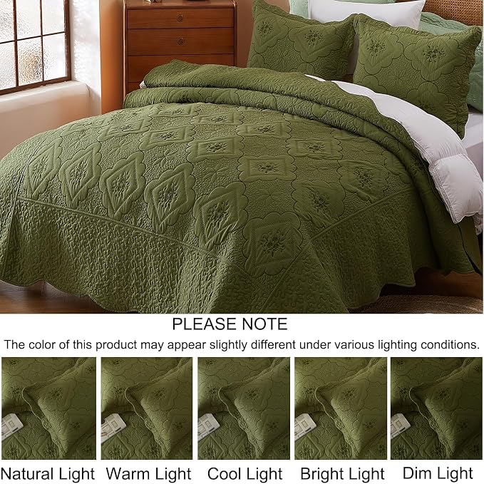 Cmfshape Floral Embroidery Quilt Set,3 Pieces Queen Quilt Bedding Set,Classic Diamond Pattern Quilts,Ultra Soft Lightweight Reversible Bedspread Coverlets for All Season(Olive Green,90"x90")