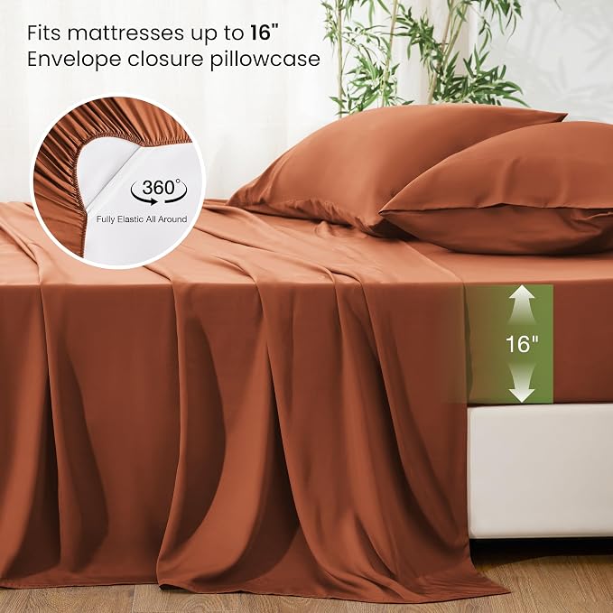 Love's cabin 4 Piece King Size Sheet Set, 100% Rayon Derived from Bamboo, Cooling & Breathable, Soft Silky Deep Pocket up to 16", Hotel Luxury Bedding for Hot Sleepers, Burnt Orange