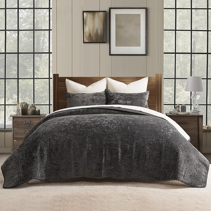 EverGrace Striped Channel Velvet Quilt Set, King Size, Washed Black | Luxurious Soft Lightweight Velvet Comforter, Oversized Bedspread Coverlet, Quilted Bedding Set for All Season, with 2 Shams
