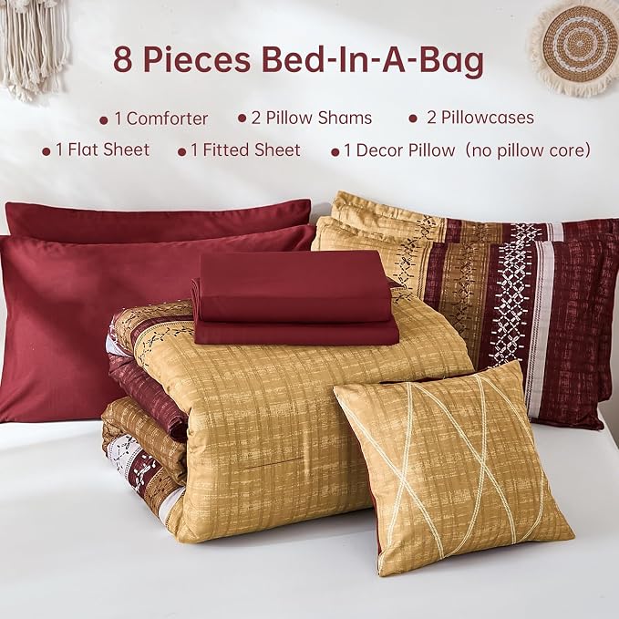 Dintszyayue Burgundy Queen Comforter Size Set, 8 Pieces Boho Striped Texture Bed in a Bag Sets, Lightweight Soft Bohemian Comforter and Sheet Set, All Season Microfiber Bedding Sets for Men Women