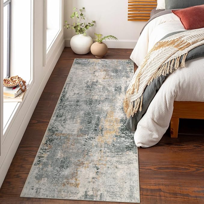 Lahome Modern Abstract Runner Rug - 2x7 Gray Soft Long Hallway Rug Runner Kitchen Mat, Non-Slip Machine Washable Indoor Throw Carpet Runner for Living Room Bathroom Sink Bedroom Entryway Sunroom