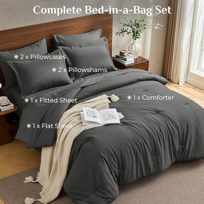 JOLLYVOGUE Dark Grey King Comforter Set, Cationic Dyeing Bed in a Bag King 7 Pieces, Double-Tone Bedding Set with Down Alternative Comforter, Sheets, Pillowcases & Shams