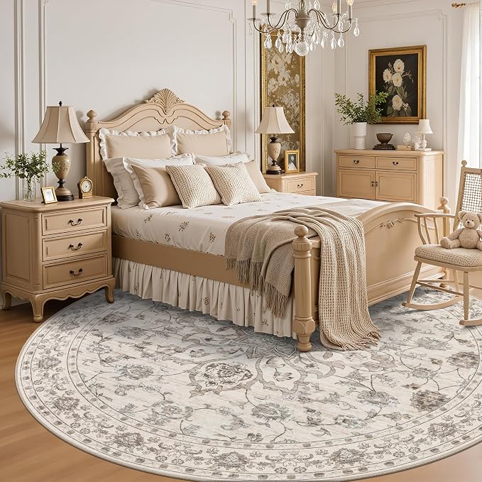 Round Area Rug for Living Room: 4ft Boho Washable Rug Brown Beige | Vintage Boho Soft Round Rug Indoor Floor No Slip Carpet Stain Resistant Rugs for Bedroom Dining Room Nursery Home Office