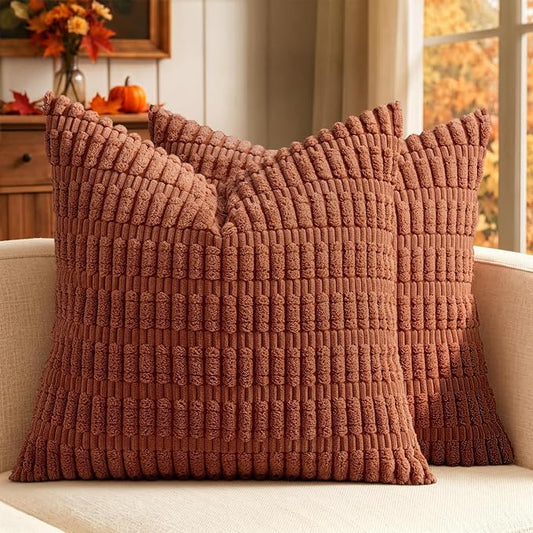 MIULEE Fall Euro Corduroy Decorative Throw Pillow Covers 24x24 Dark Rust | Pack of 2 Sham Terracotta Soft Boho Striped Pillow Covers Modern Farmhouse Autumn Home Decor For Sofa Living Room Couch Bed