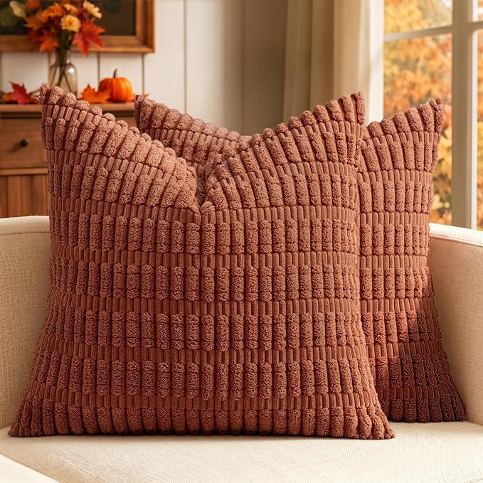 MIULEE Fall Decorative Throw Pillow Covers 16x16 Dark Rust Pack of 2 | Terracotta Soft Corduroy Boho Striped Pillow Covers Modern Farmhouse Autumn Home Decor For Sofa Living Room Couch Bed