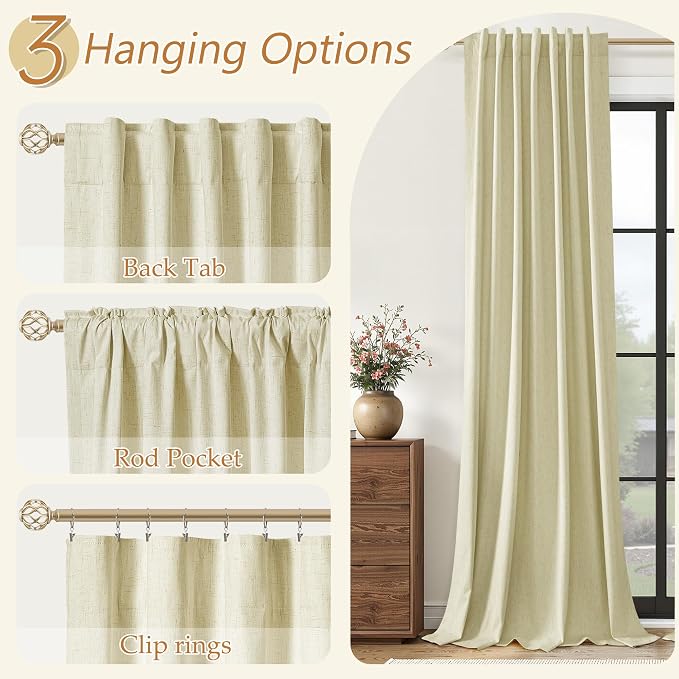 Extra Long 100% Blackout Linen Curtains for Bedroom 108 inches Long, Thermal Insulated Room Darkening Black Out Drapes for Living Room, Back Tab Rod Pocket 2 Panels Set,Cream Yellow,52x108