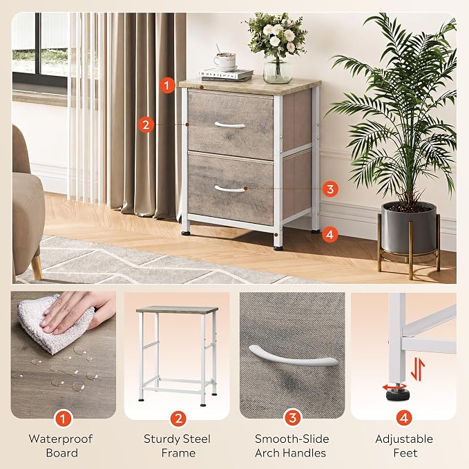 WLIVE Nightstand, 2 Drawer Dresser for Bedroom, Small Dresser with 2 Drawers, Bedside Furniture, Night Stand, End Table with Fabric Bins for Bedroom, Closet, College Dorm, Greige Oak | End Table with Fabric Bins for Bedroom, Sturdy Metal Frame & Adjust...