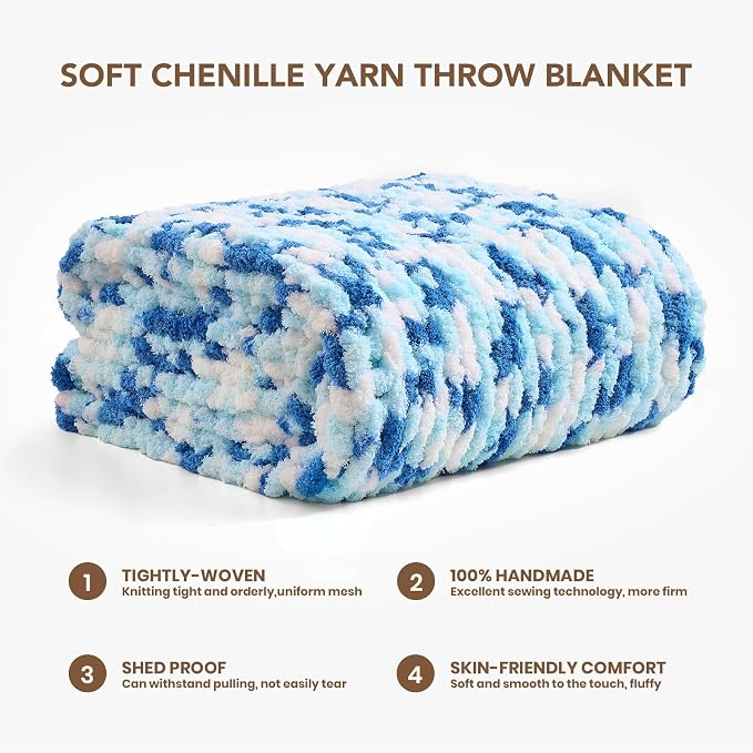 L'AGRATY Chunky Knit Throw Blanket for Couch, 60 x 80 Inches, Blue White | Handmade Chenille Crochet Blanket for Sofa Bed, Thick Cable Knitted Blankets for Room Home Decor, Birthday Gift for Women Mom