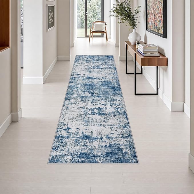 2.6x8 Washable Runner Rug：Modern Abstract Kitchen Soft Carpet Blue | For Hallway, Bedroom, Kitchen, Laundry, Bathroom,Door Mat,Modern Abstract,Machine washable,Non-Slip,Stain Resistant,Indoor