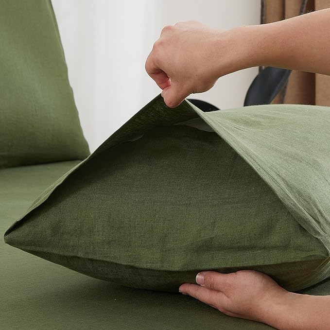 100% Pure Linen Queen Sheets Set, Natural French Linen Sheets | Breathable Cooling Soft Durable Washed 4 Piece Bedding Sets with 16" Deep Pocket, Machine Washable (Mossy Green,Queen)