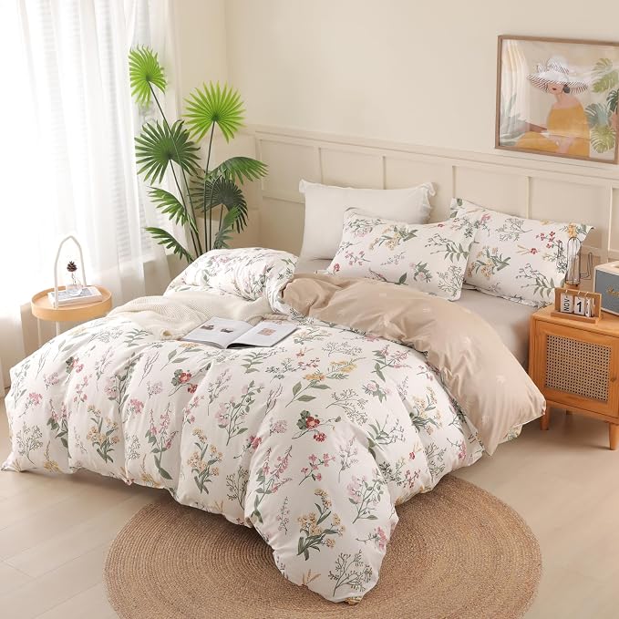 OAITE Queen Duvet Cover Set 3pcs 100% Cotton with Wildflower Botanical | Soft, Breathable,Long-lasting,Comfort,Hidden Zipper,8 Corner Ties,Easy Care for All Season