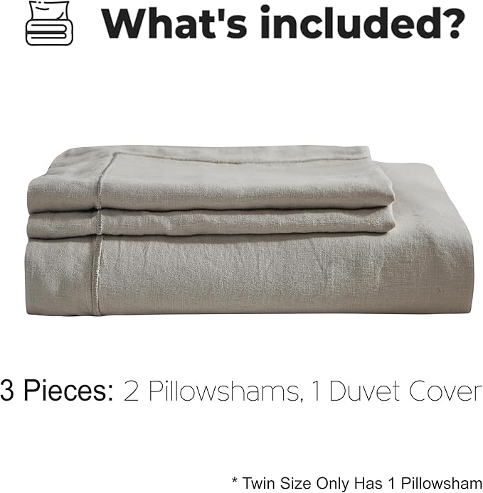 Simple&Opulence 100% French Linen Duvet Cover Set with Embroidered,3 Pcs Washed Soft Farmhouse Bedding Set with Button Closure,1 Comforter Cover and 2 Pillowshams(Queen,Grey)