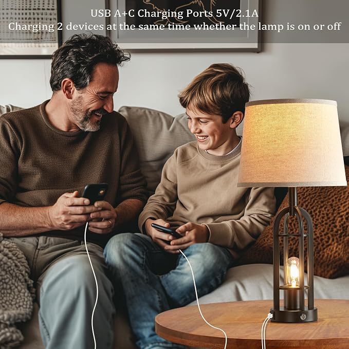 SRJJA 24" Table Lamps for Living Room Set of 2, Farmhouse Industrial 3-Way Dimmable Touch Bedside Lamps with USB A+C for Bedroom Nightstand，4 Bulbs Included
