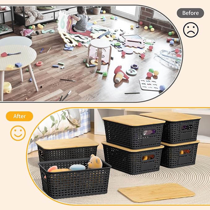 6 Pack Plastic Storage Baskets, Black bamboo lid storage Box | Labels, Stackable, For Organizing Shelves Pantry Drawers Desktop Closets Organizing Desktop Closet Playroom Classroom