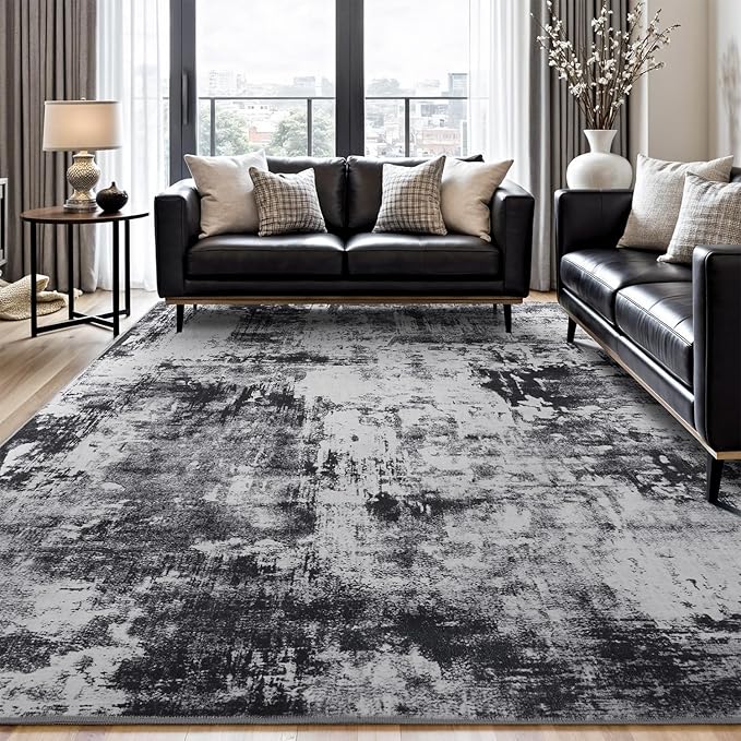 Rugflix 9x12 Area Rugs for Living Room, Washable Black Grey Dark Large Rug | Machine Washable; Stain-Resistant; Low Pile; Non-Slip; Modern Abstract; Carpet for Bedroom Dining Office Nursery Home