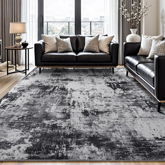 Rugflix 6x9 Area Rugs for Living Room, Washable Black Grey Dark Large Rug | Machine Washable; Stain-Resistant; Low Pile; Non-Slip; Modern Abstract; Carpet for Bedroom Dining Office Nursery Home