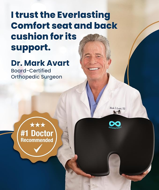 Everlasting Comfort Doctor Recommended Memory Foam Seat Cushion for Office Chairs & Car - Ergonomic Office Desk Accessories - Cushions for Tailbone Pain Relief, Sciatica (Black Airflow Lumbar, Large)