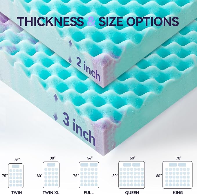 SINWEEK 2 Inch Egg Crate Memory Foam Mattress Topper Twin Size, Soft Mattress Pad for Back Pain Relief, Bed Topper, CertiPUR-US Certified, Colorful