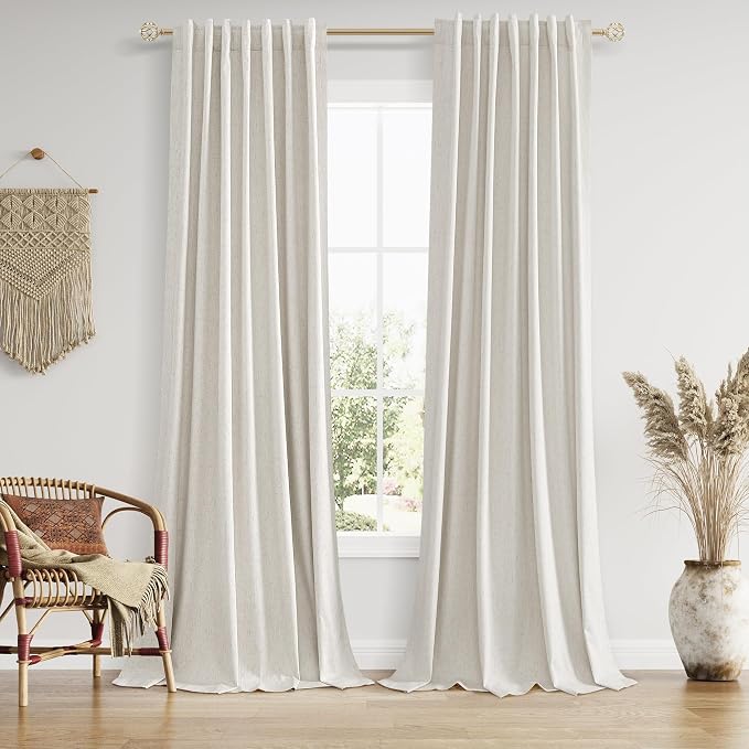 100% Blackout Boho 96 Inches Long Natural Linen Curtains Floor to Ceiling Drapes for Living Room Winter Thermal Insulated Room Darkening Black Out Sliding Barn Door Curtain, 52x96