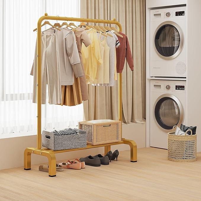 JIUYOTREE Garment Rack Clothing Clothes Rack for Clothes Organizing Gold | Standard Metal 34 Inches Garment Rack with Bottom Shelf for Hanging Clothes Coats Jackets Shirts Sweaters Jeans Gold